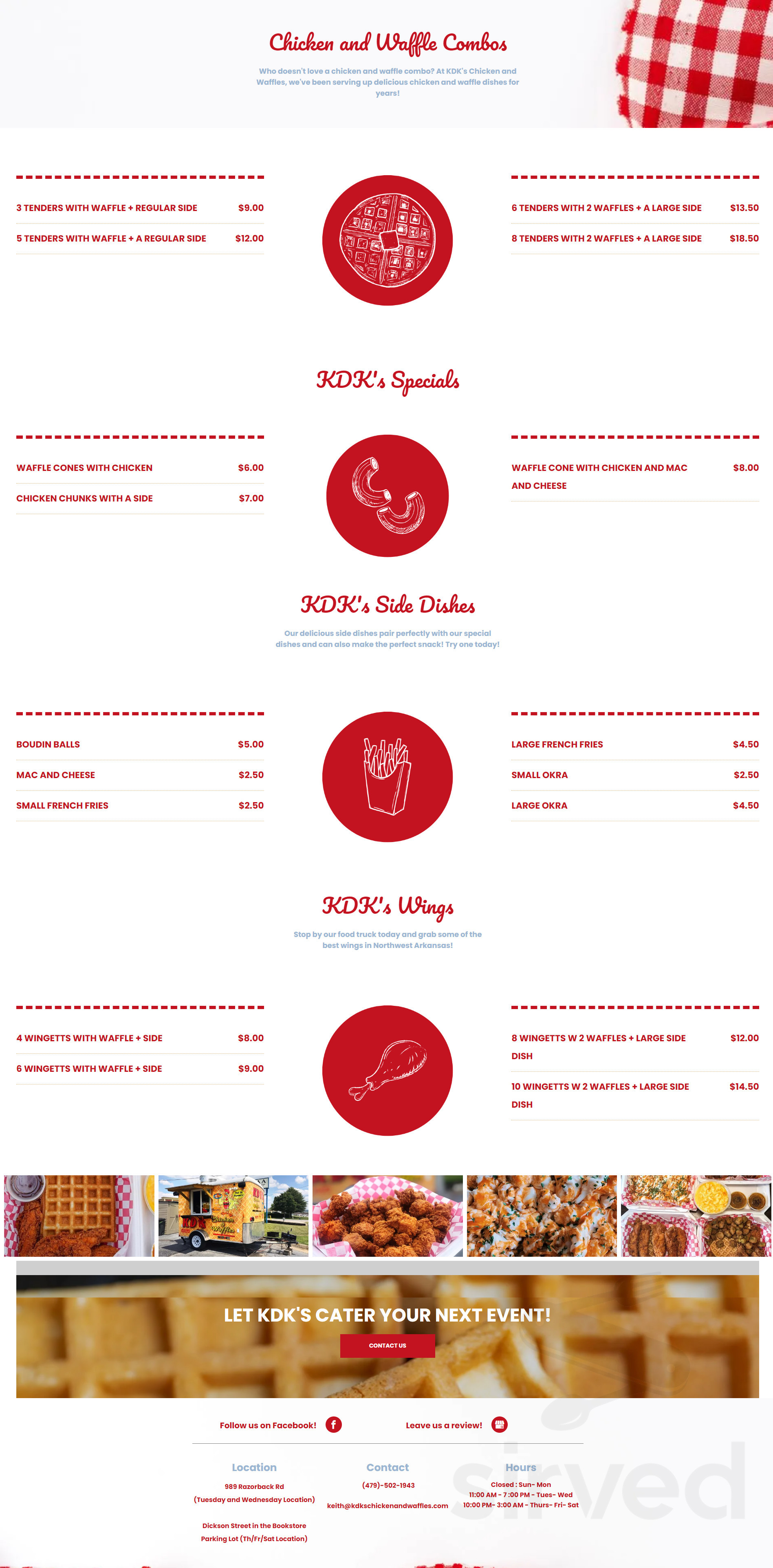 KDK's Chicken and Waffles menu in Fayetteville, Arkansas, USA