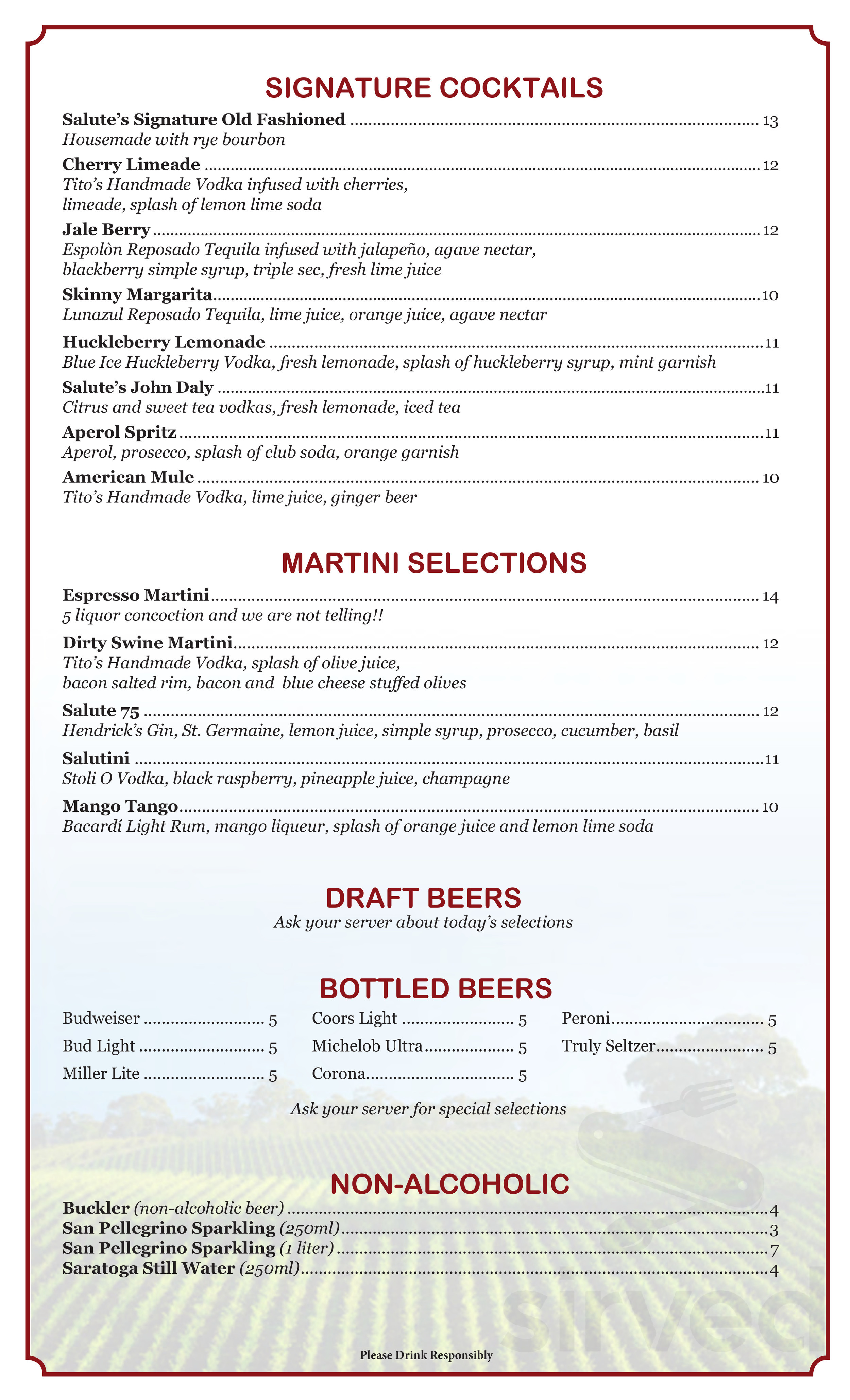 Salute menu in Rocky Hill, Connecticut, USA