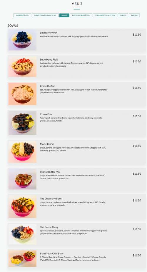 blu mango smoothie bar menu in Pearl River, New York, USA