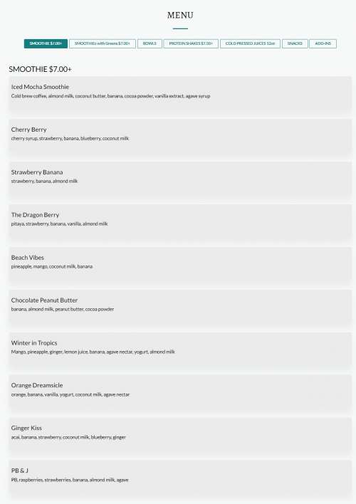 blu mango smoothie bar menu in Pearl River, New York, USA