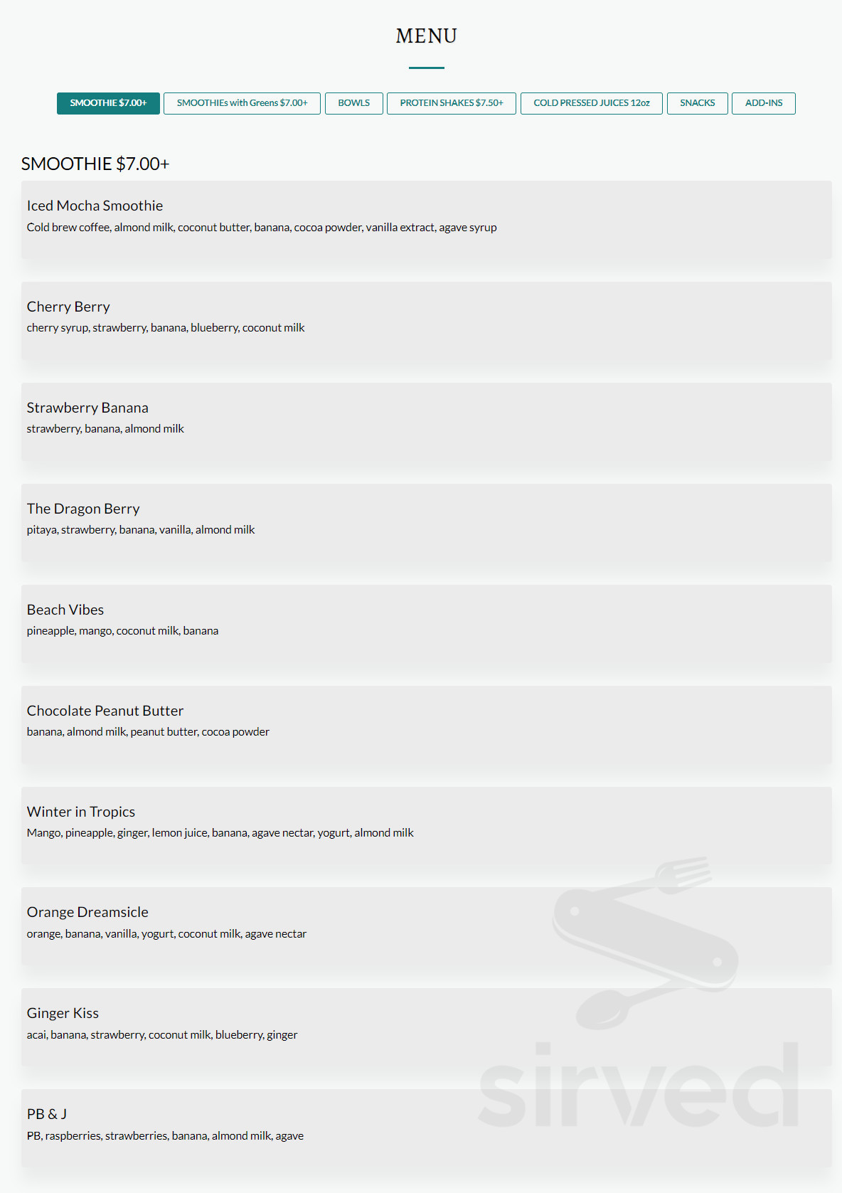 blu mango smoothie bar menu in Pearl River, New York, USA