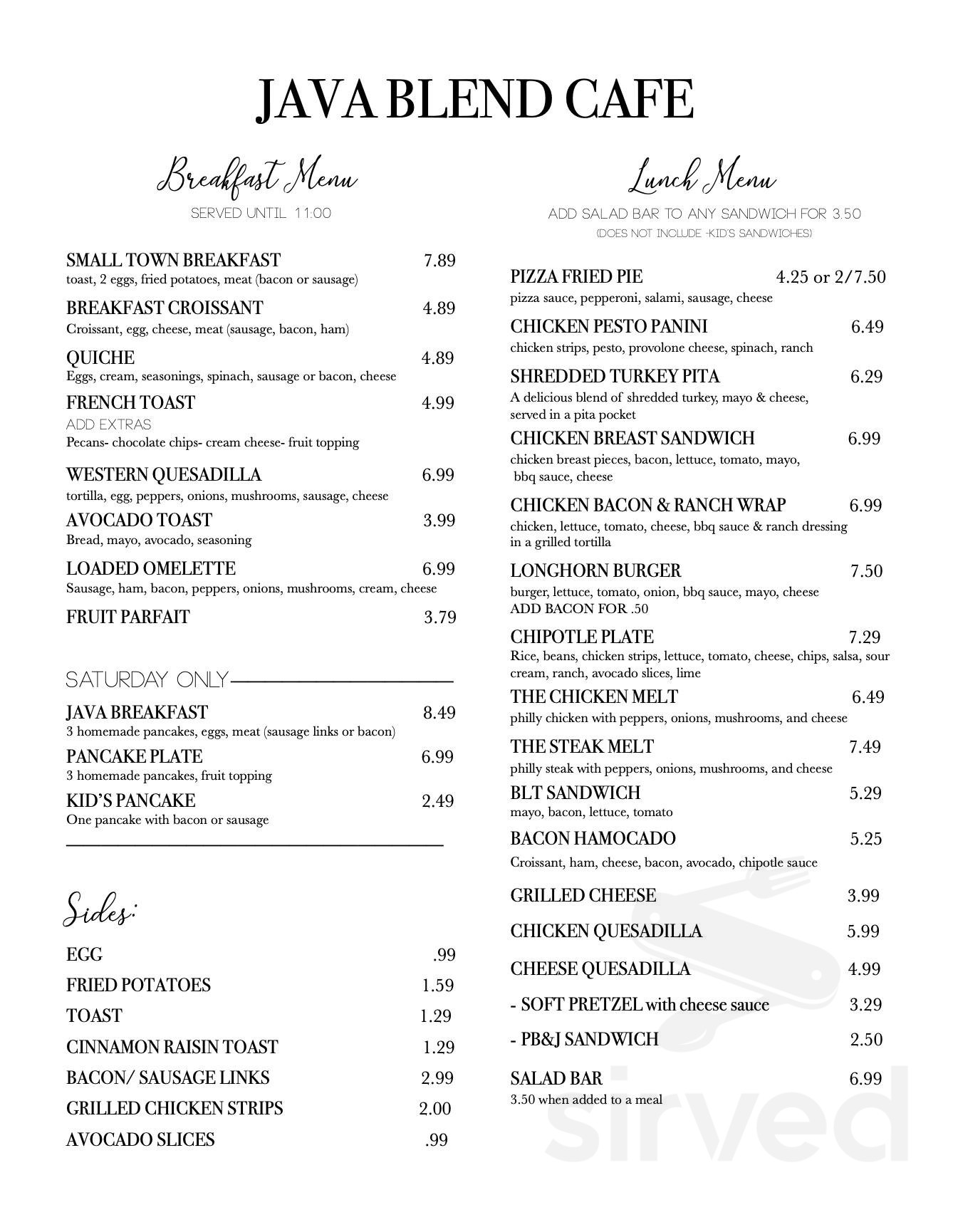 Java Blend Cafe menu in Rural Retreat, Virginia, USA