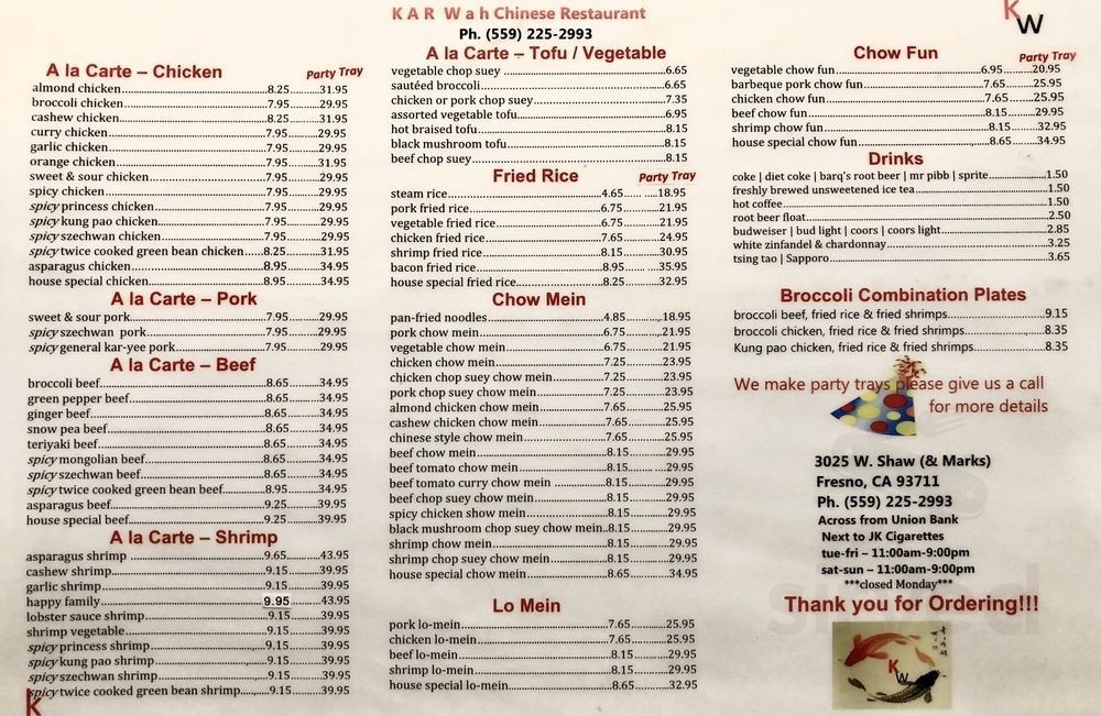 Kar Wah Chinese Restaurant menu in Fresno, California, USA