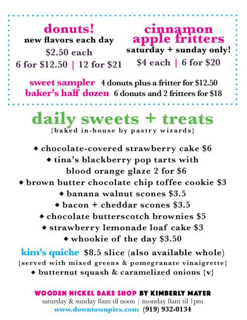 Kim's Bake Shop menu in Hillsborough, North Carolina, USA