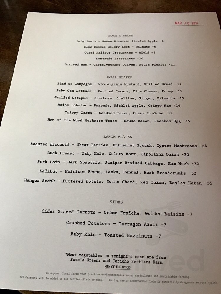 Hen of the Wood menu in Waterbury Village Historic District, Vermont, USA