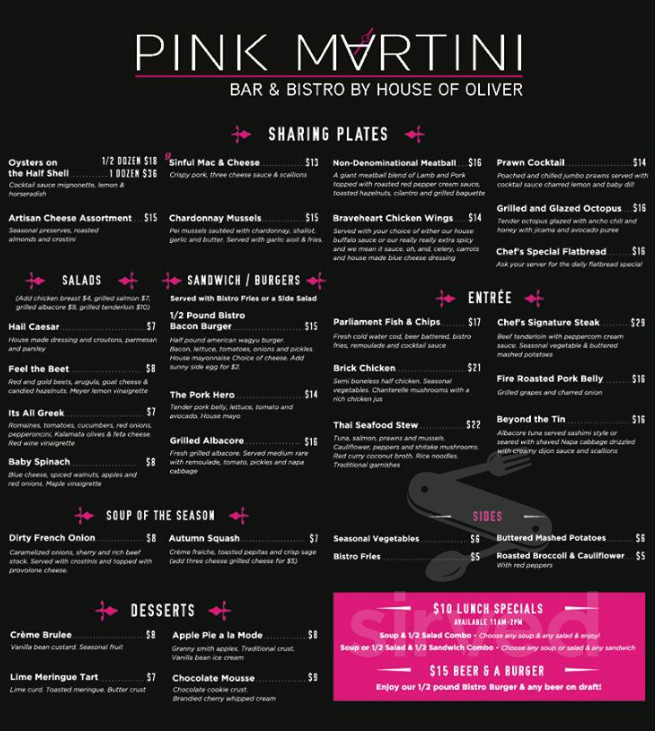 Menu Rocklin CA's Pink Martini California Kitchen & Cocktails Sirved