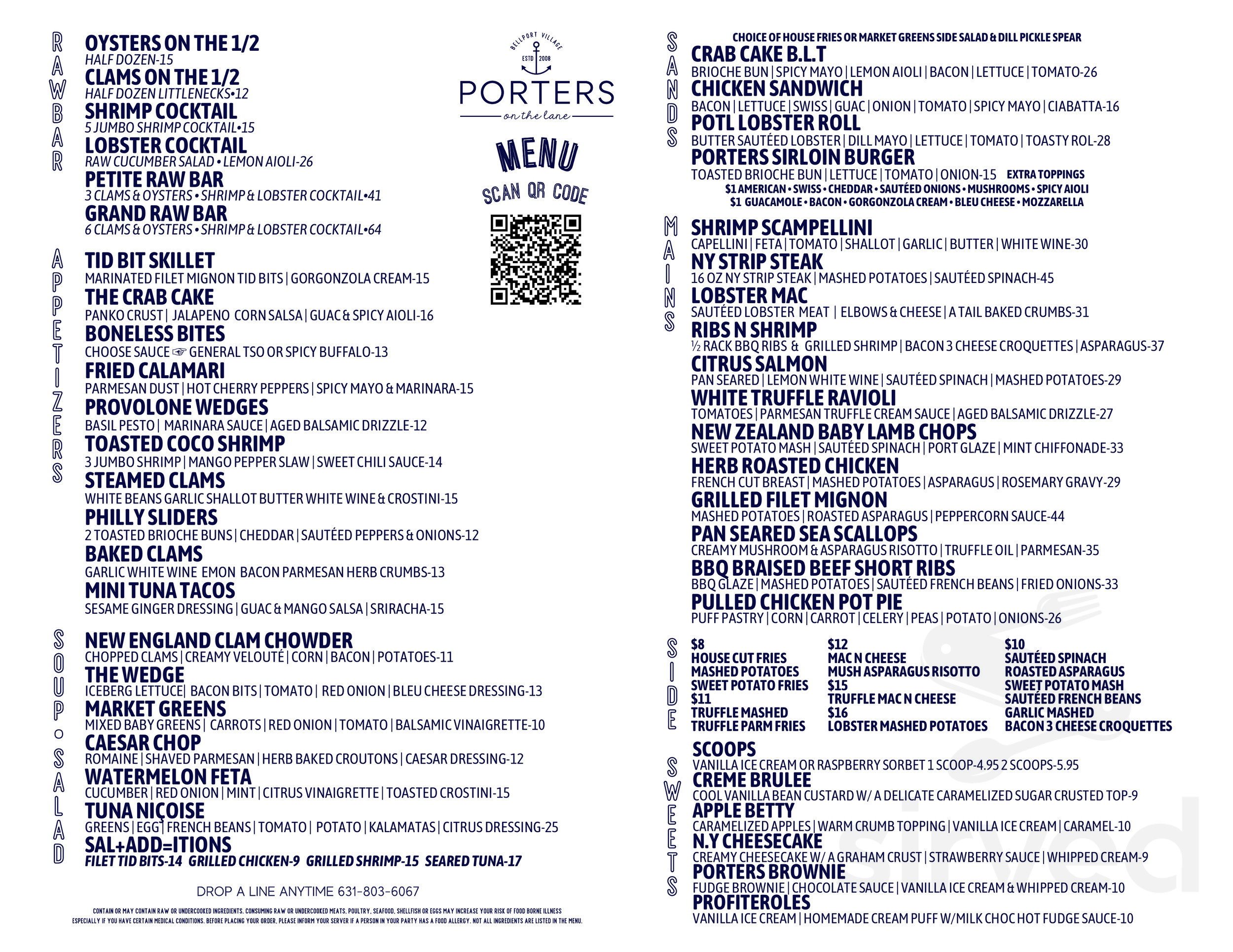 Menu for Porters on the Lane in Bellport, NY Sirved