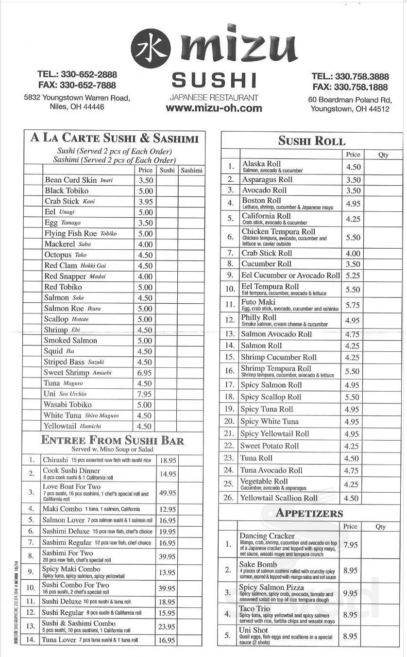 Mizu Sushi Bar & Grill menu in Youngstown, Ohio, USA