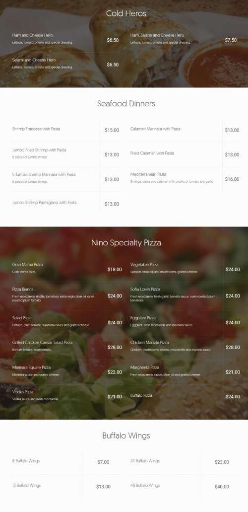 Nino's Pizza menu in Brooklyn, New York, USA