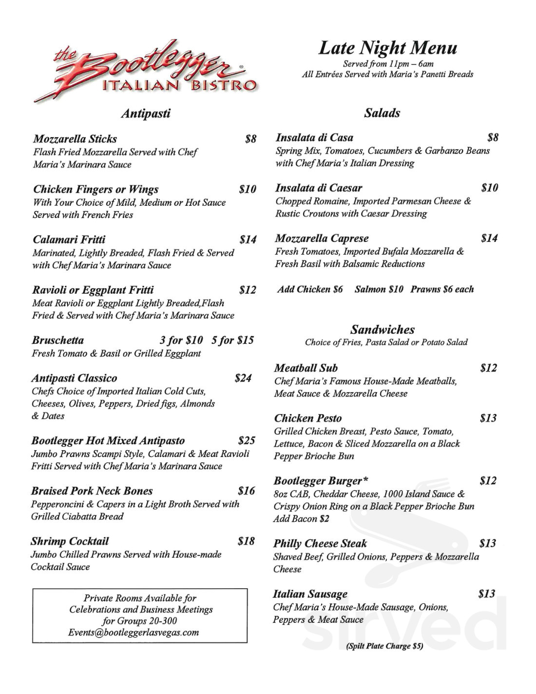 The Bootlegger Italian Bistro menu in Las Vegas, Nevada, USA