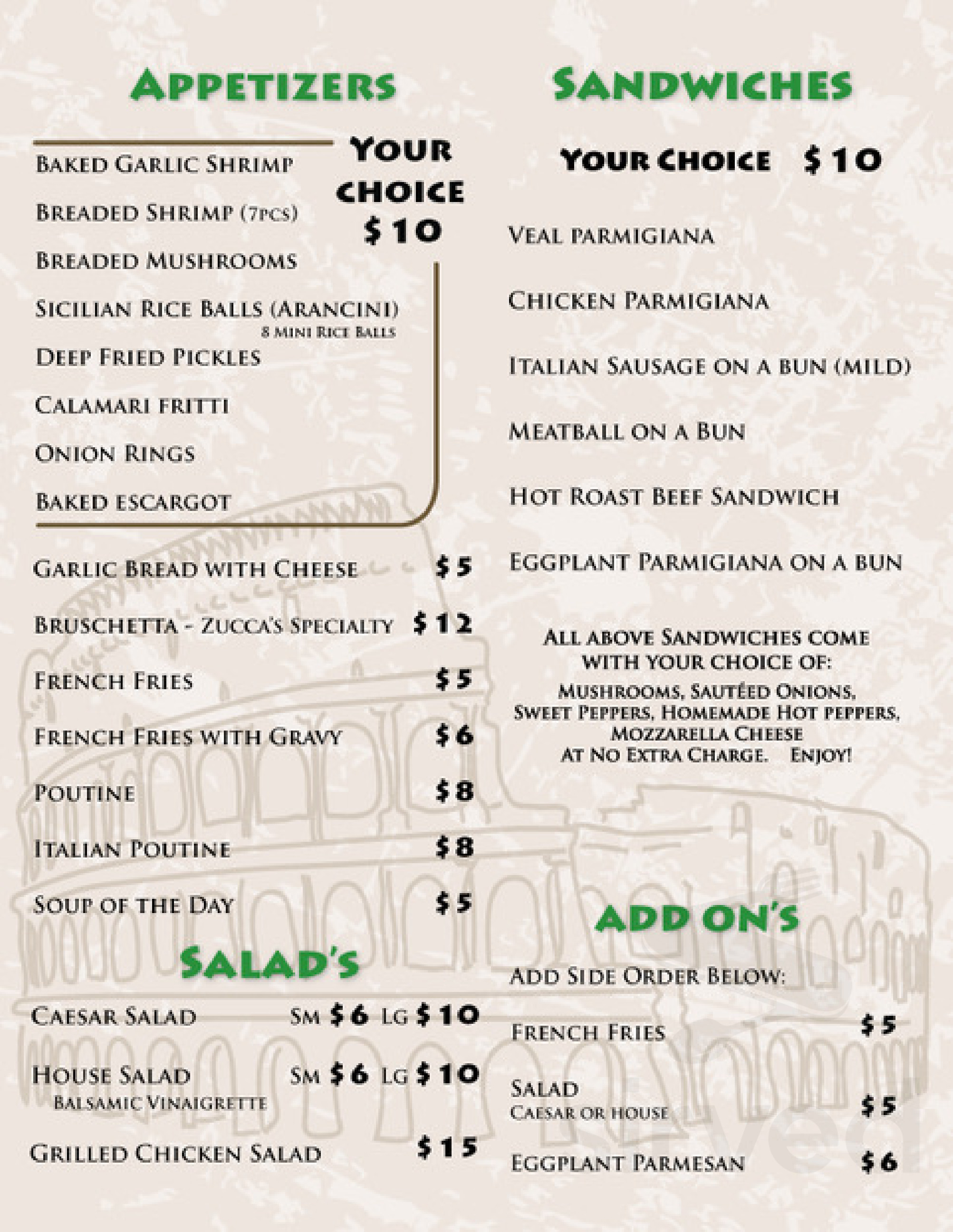 Zucca's Ristorante and Pizzeria menu in Newmarket, Ontario L3Y 2N1