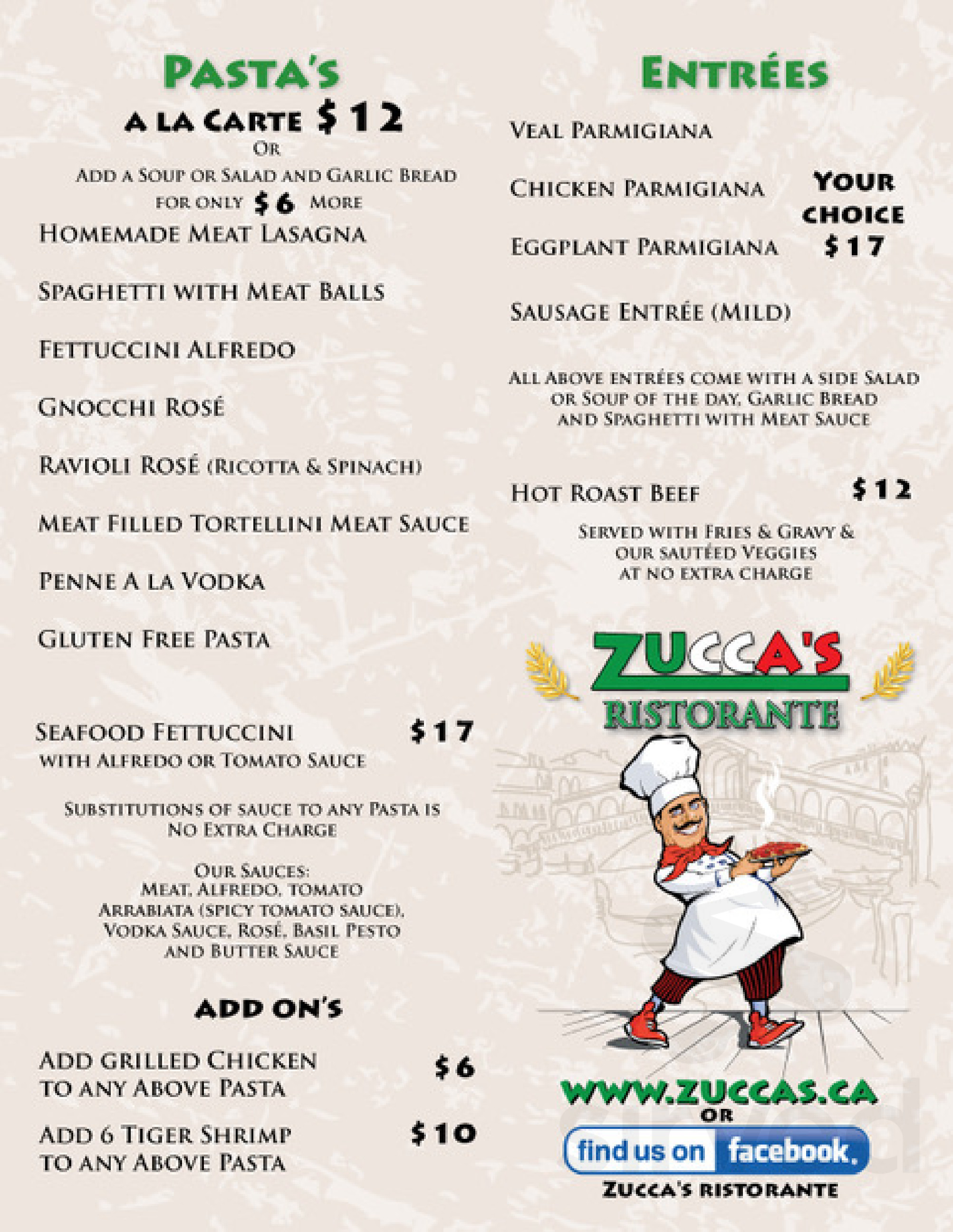 Zucca's Ristorante and Pizzeria menu in Newmarket, Ontario L3Y 2N1