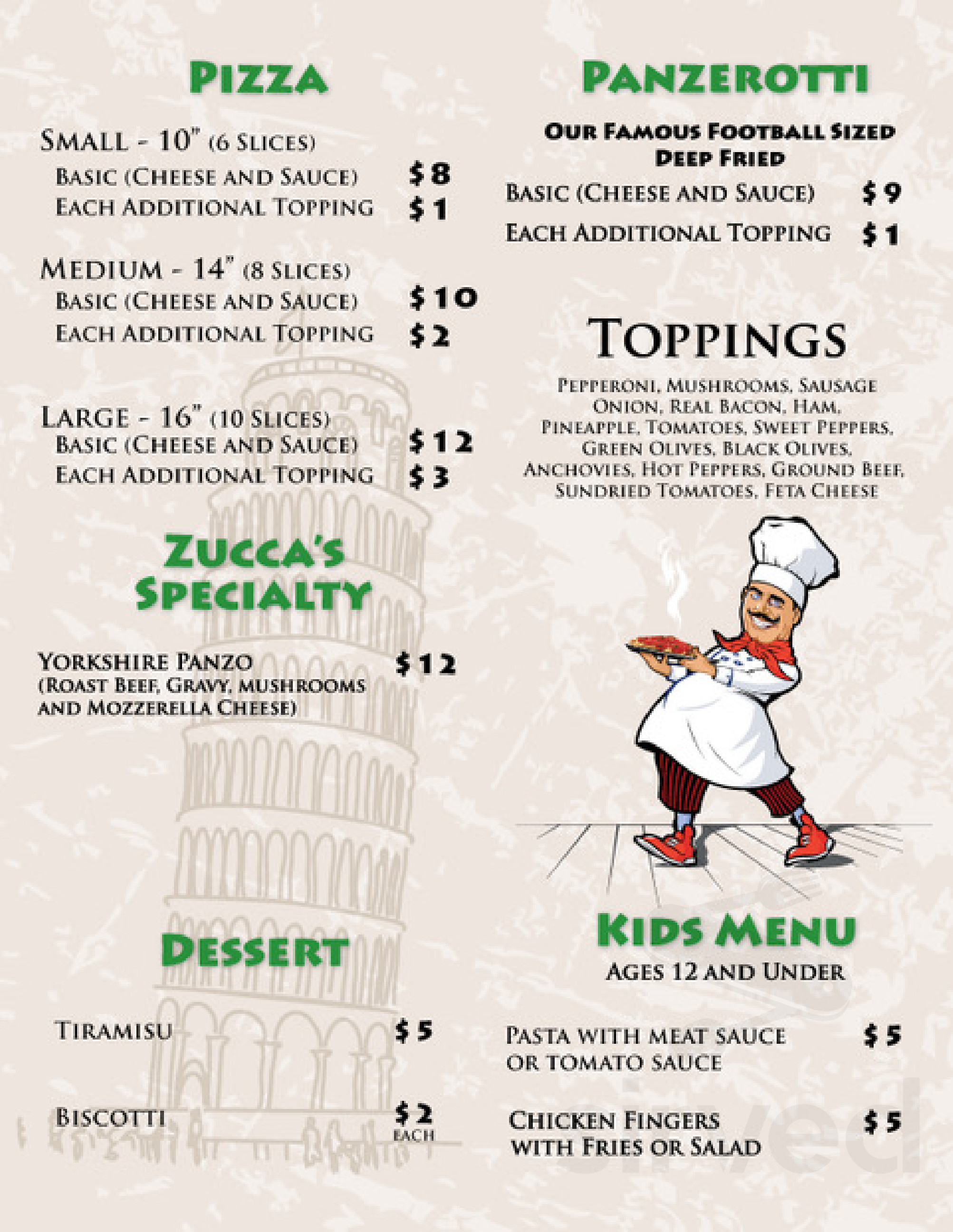 Zucca's Ristorante and Pizzeria menu in Newmarket, Ontario L3Y 2N1