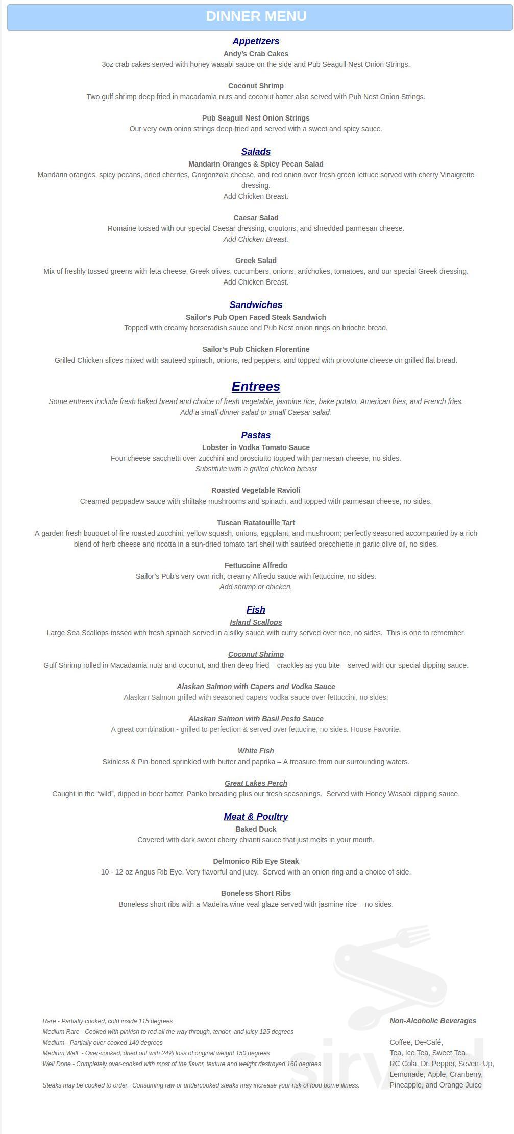 Sailors Pub menu in Washington, Wisconsin
