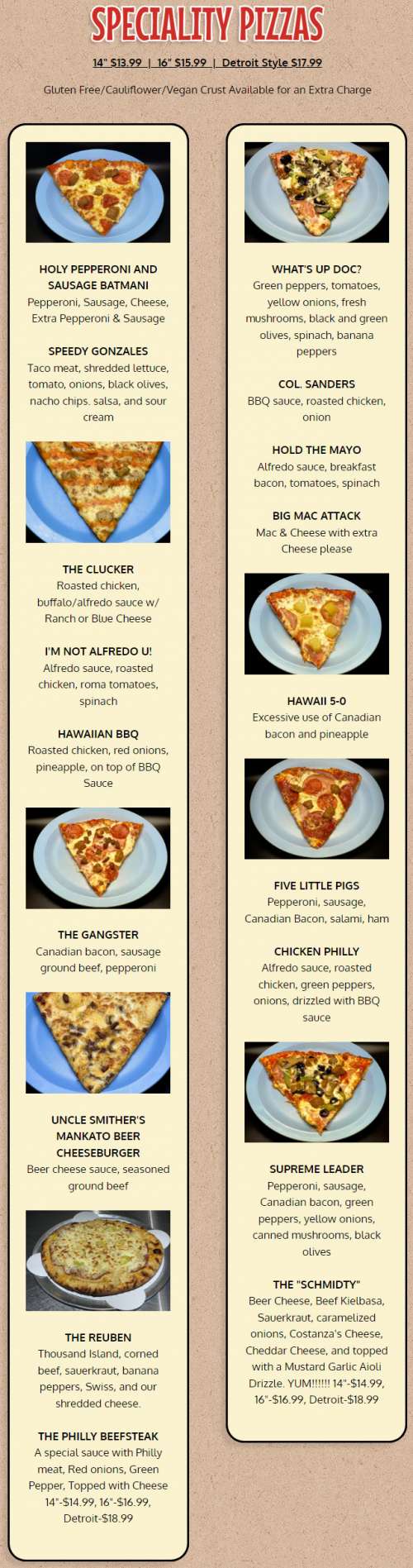 Costanza's Pizzeria menu in Mankato, Minnesota, USA