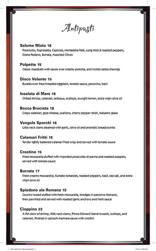 Albivi menu in Millstone, New Jersey, USA