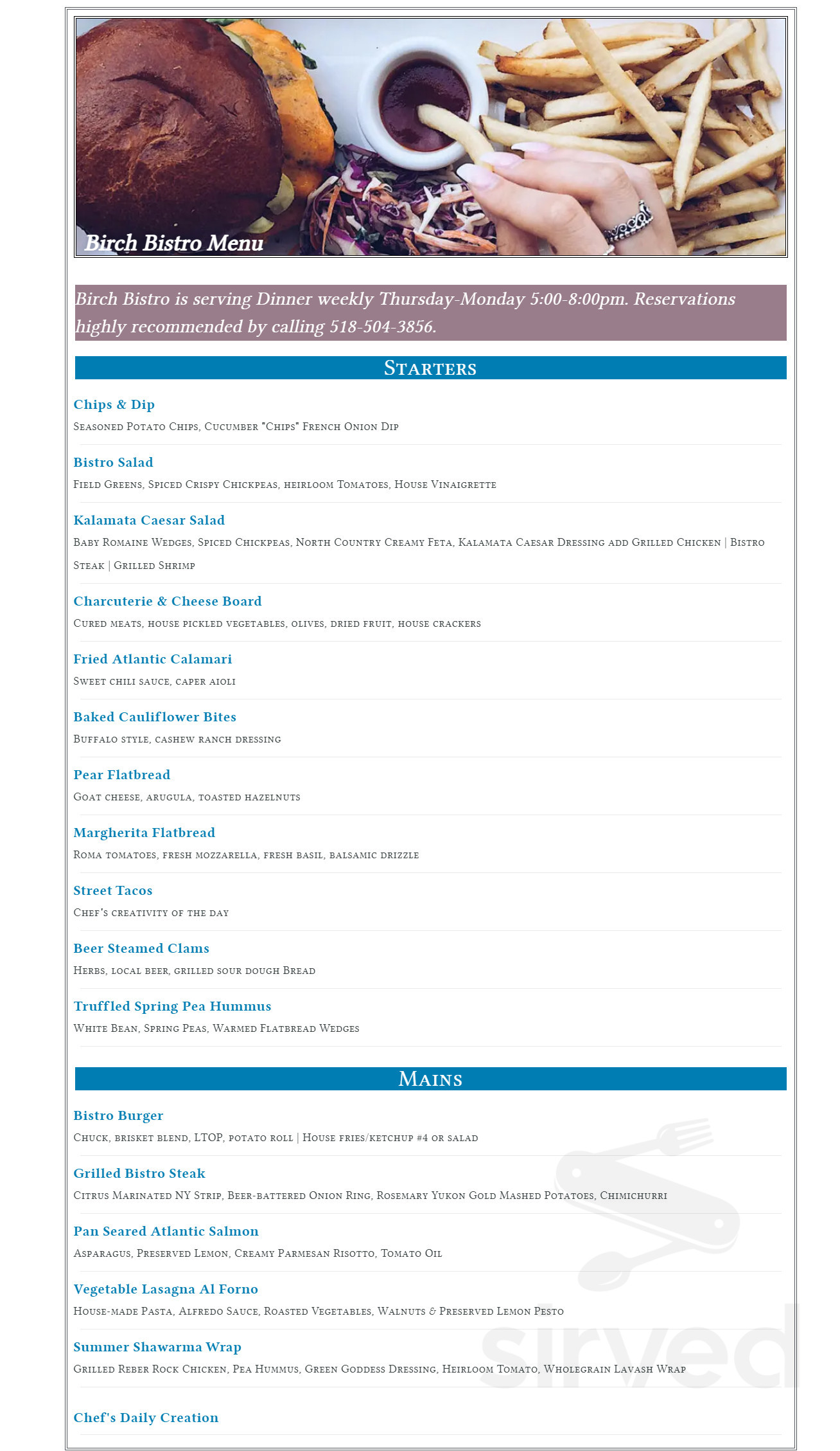 Menu - Chestertown NY's Birch Bistro | Sirved
