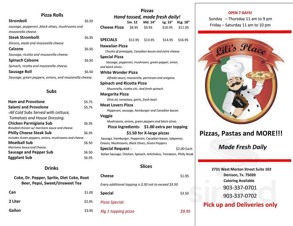 Lili`s Pizza Place menus in Denison, Texas, United States