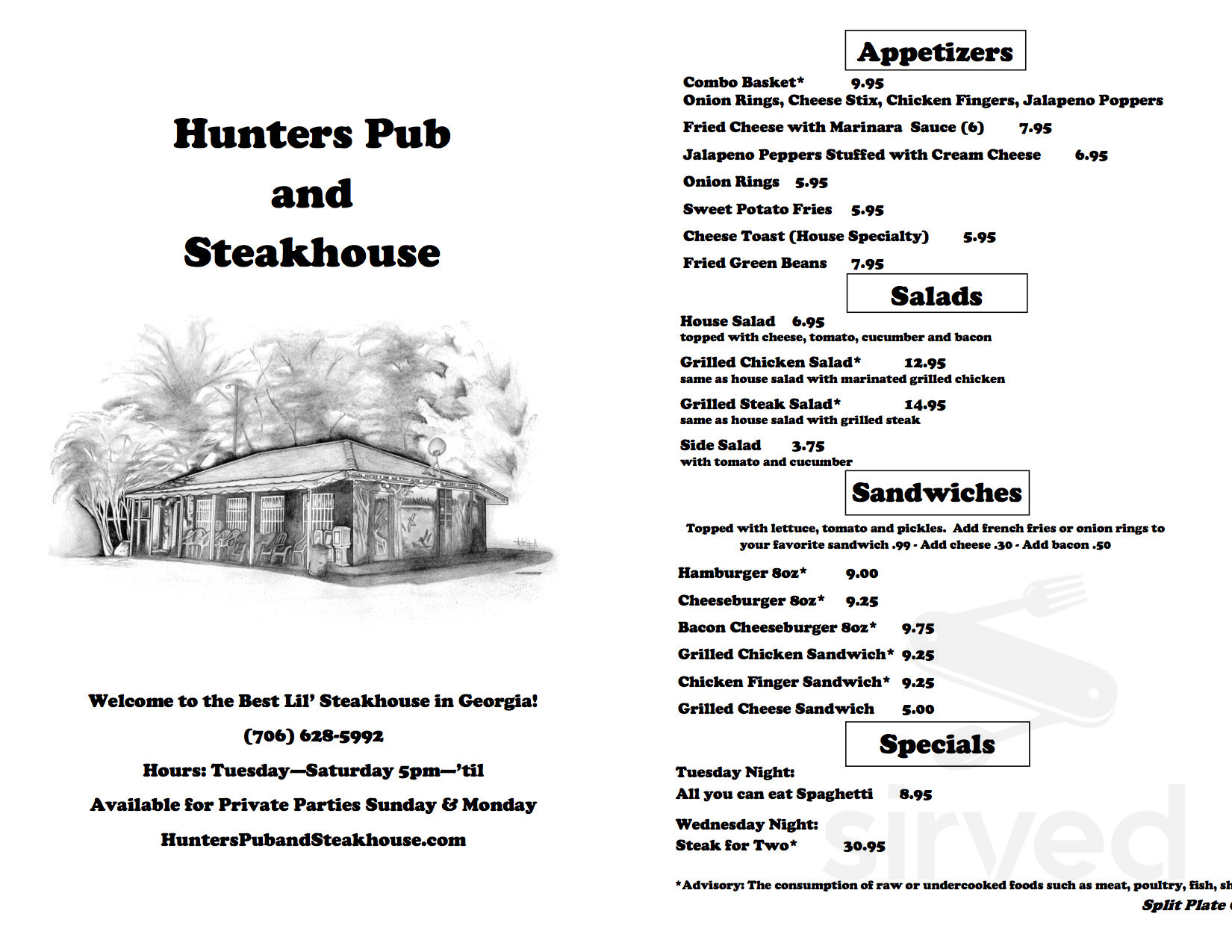 Hunters Pub and Steakhouse menu in Hamilton, Georgia, USA