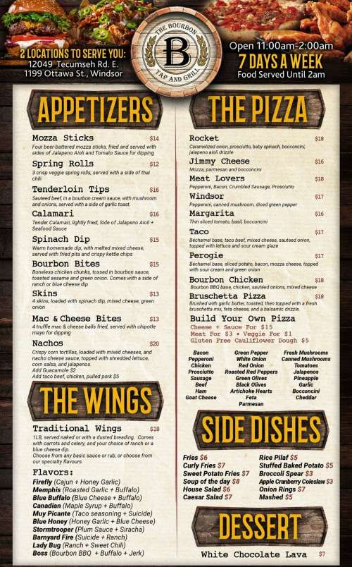 The Bourbon Tap & Grill Tecumseh menu in Windsor, Ontario, Canada