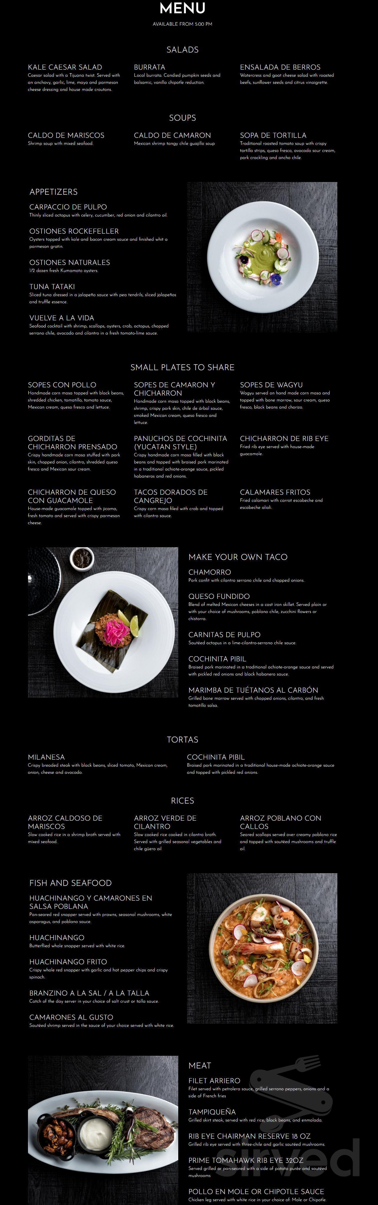 Cantina La Veinte menu in Miami, Florida, USA