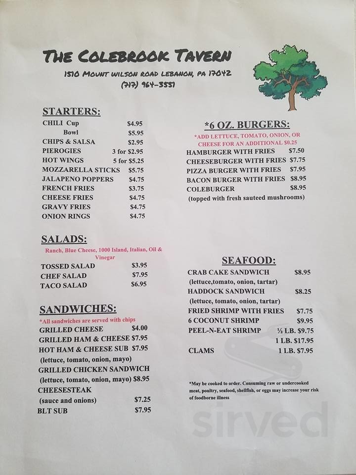 Colebrook Tavern menu in Lebanon, Pennsylvania, USA
