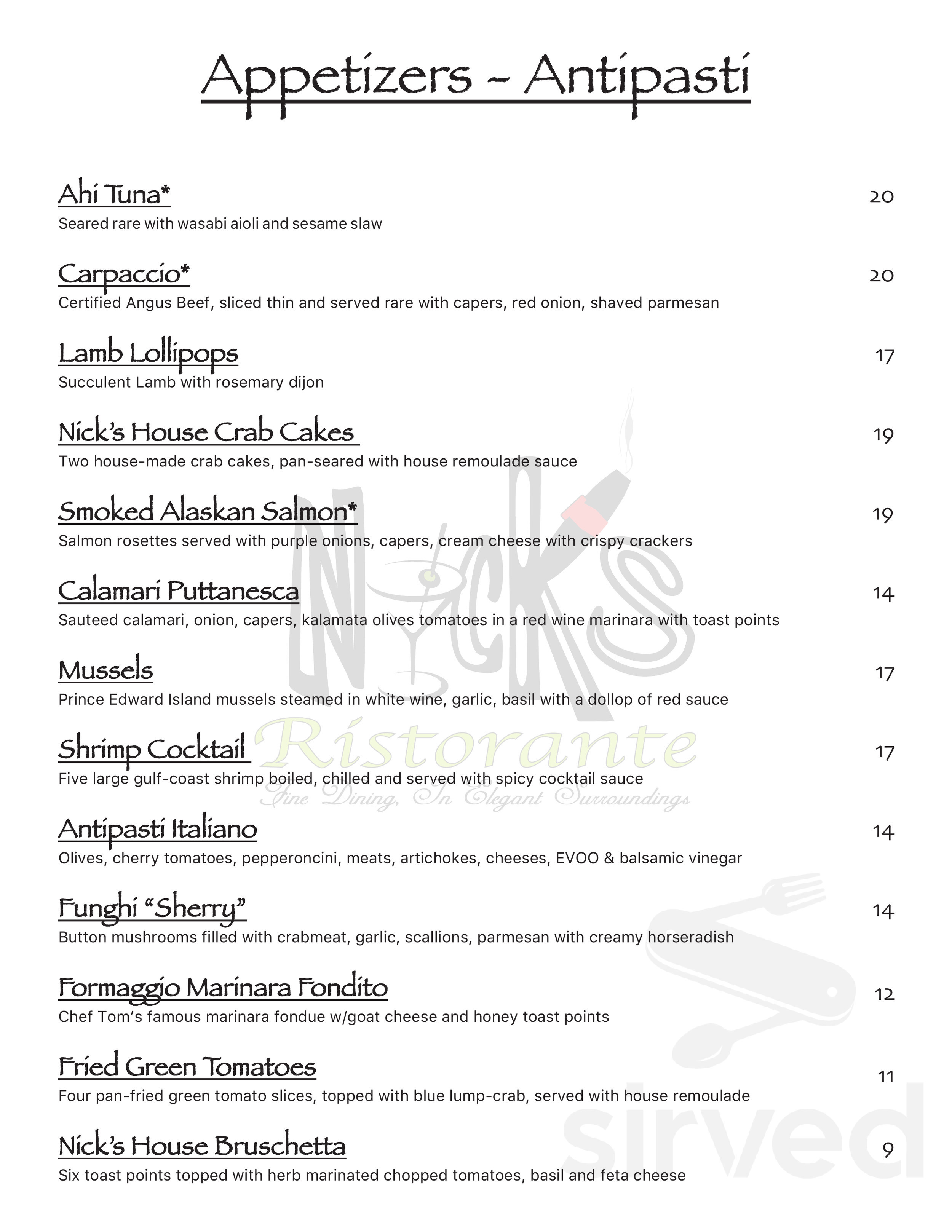 Nick's Ristorante menu in Huntsville, Alabama, USA