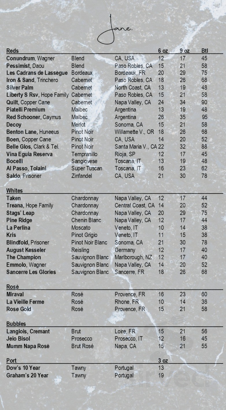 Jane - Southlake menu in Southlake, Texas, USA