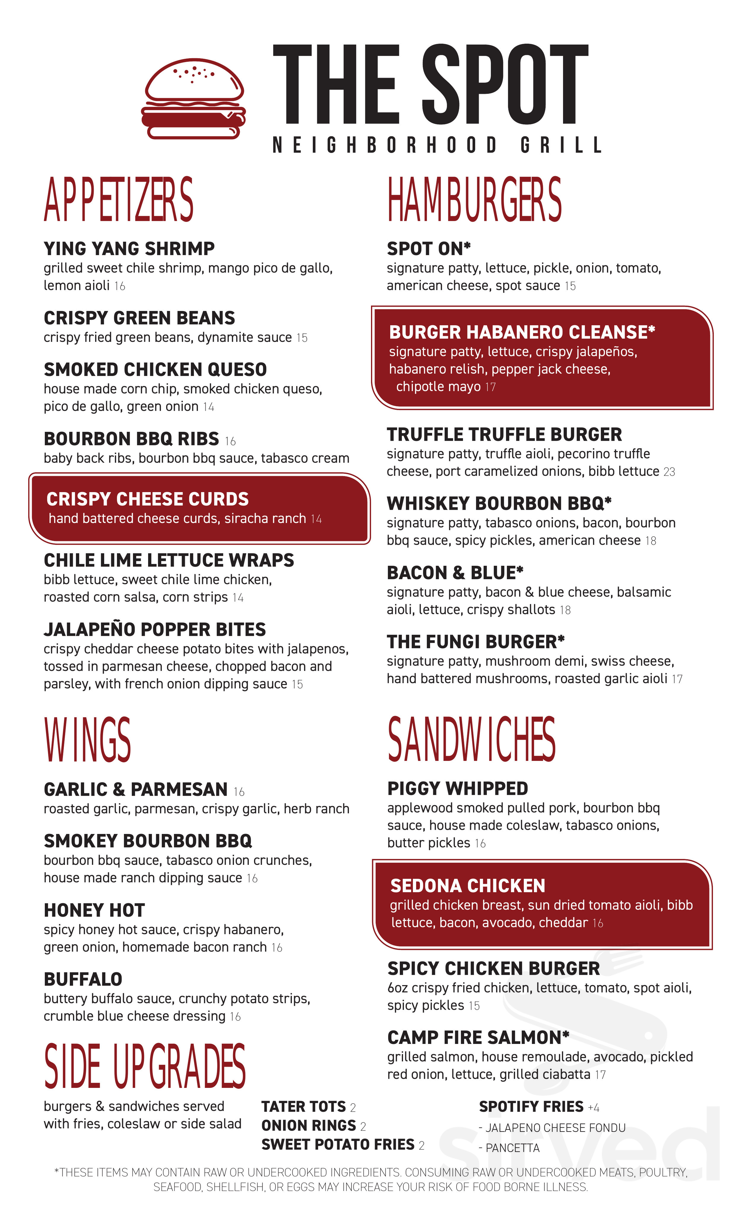 The Spot Neighborhood Grill menu in Scottsdale, Arizona, USA