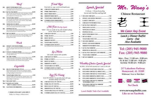 Mr. Wang's Restaurant menu in Homewood, Alabama, USA