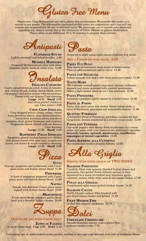 Casa Ristorante Italiano menu in Fort Wayne, Indiana, USA