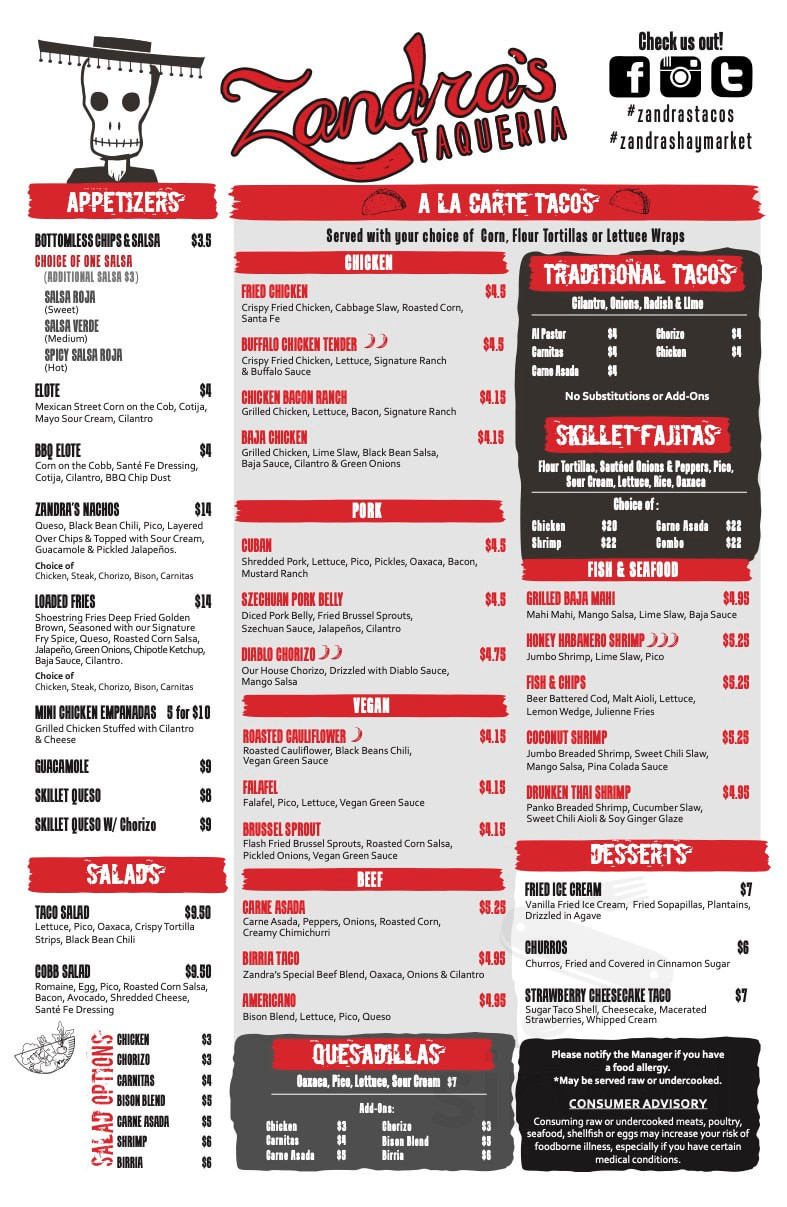 Zandra's Taqueria, Fairfax menu in Fairfax, Virginia, USA