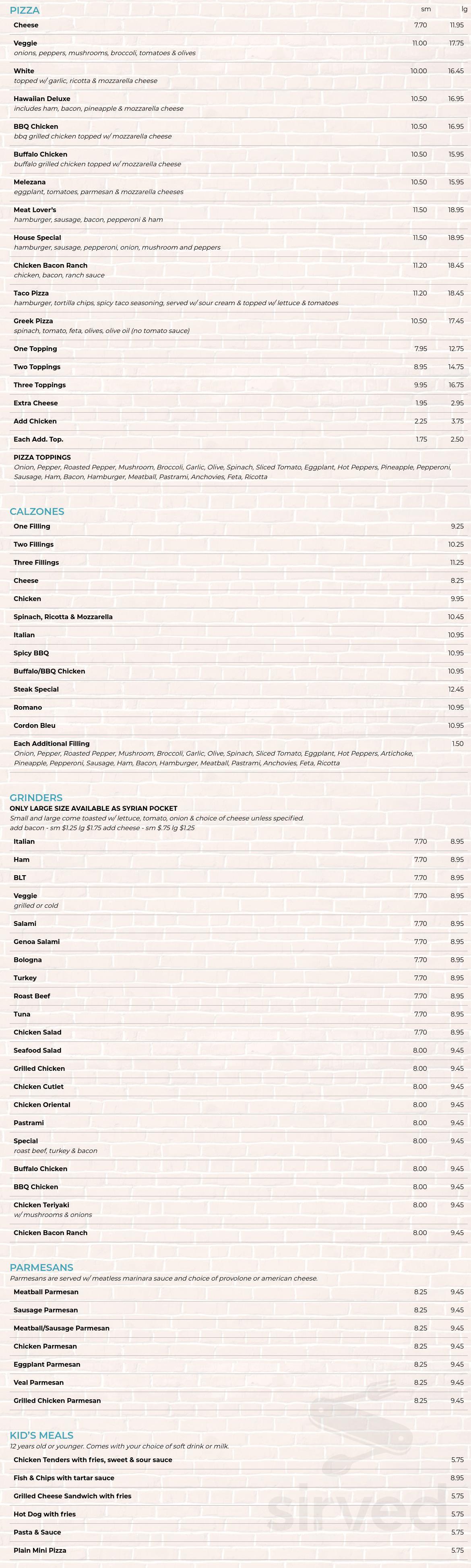 Menu Douglas MA's Gregory's Sirved