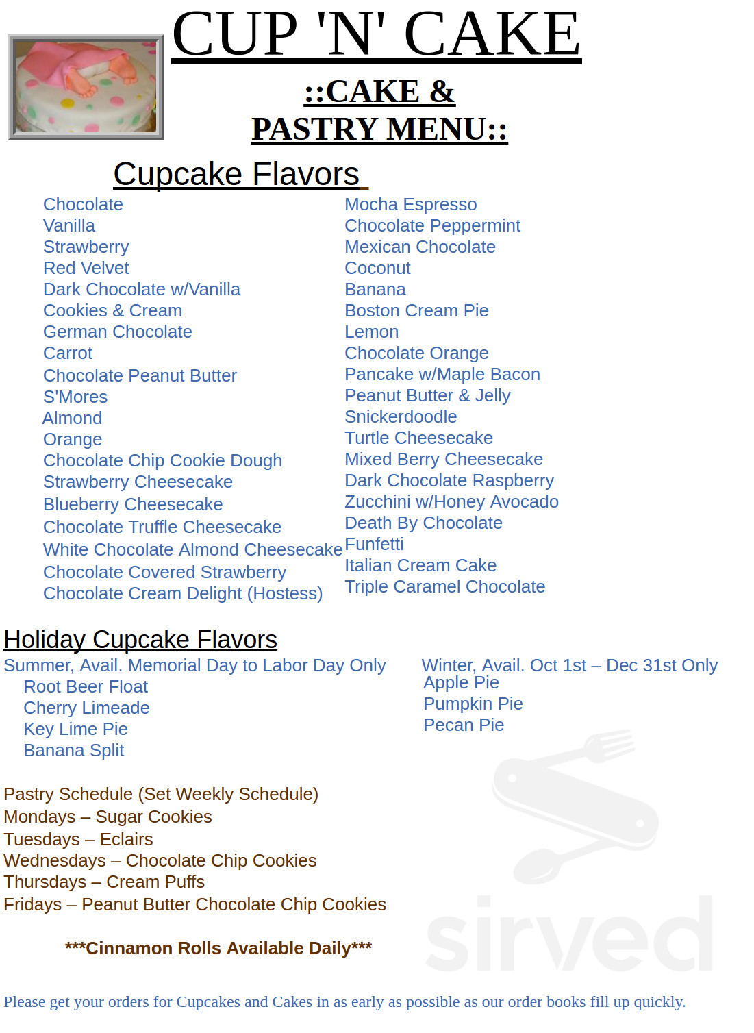 Cup'n'Cake Cupcakery menu in Bartlesville, Oklahoma, USA