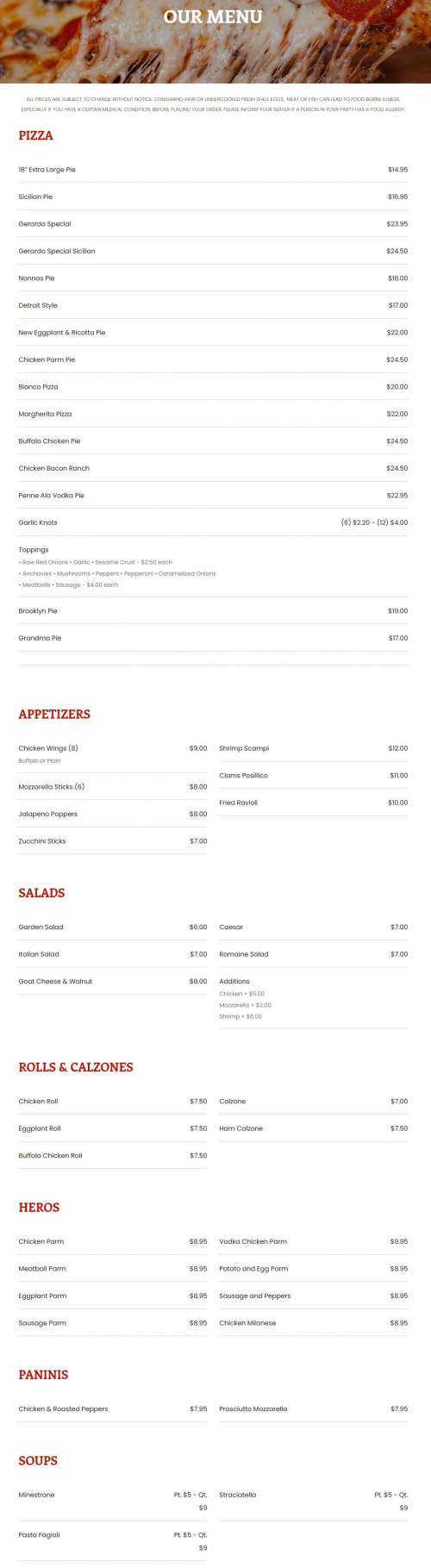 Gerardo's Pizza and Pasta menu in Shirley, New York, USA