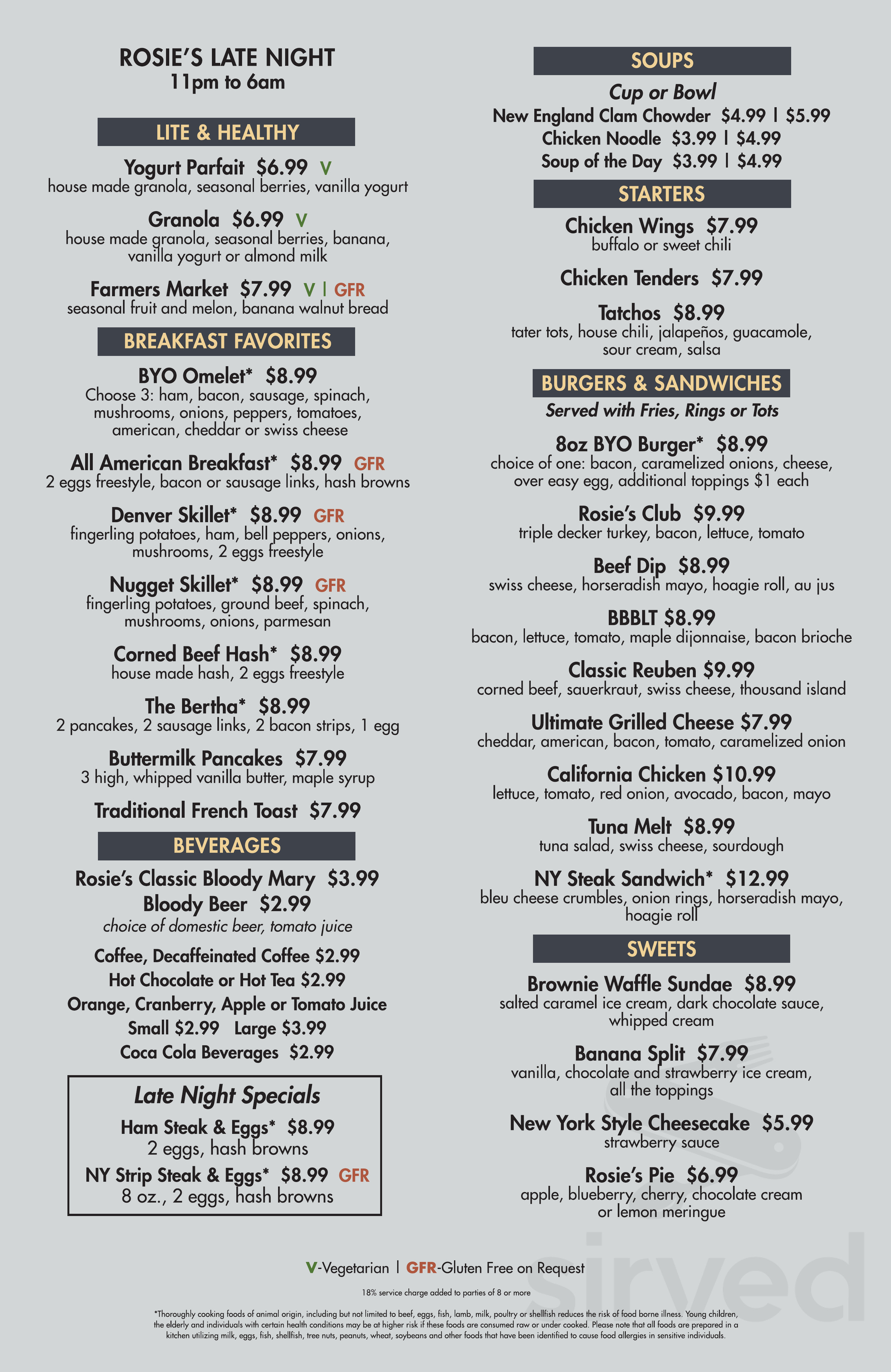 Rosie's Café menu in Sparks, Nevada, USA