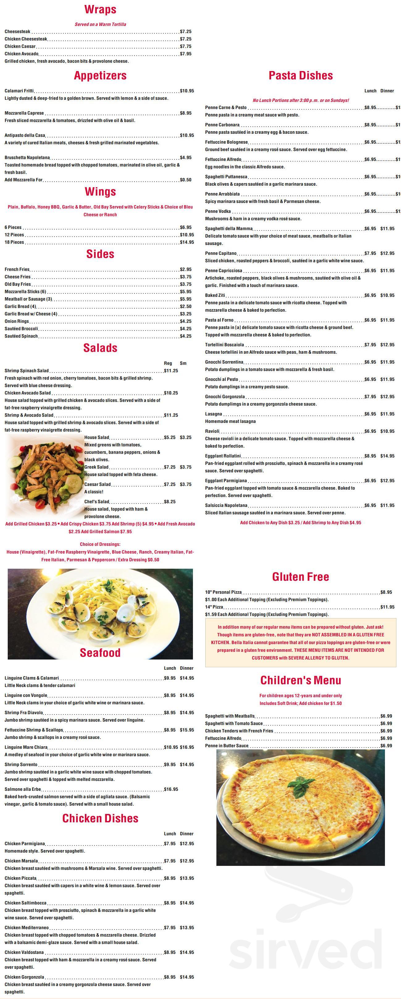 Bella Italia Restaurant Menu In Arnold Maryland USA