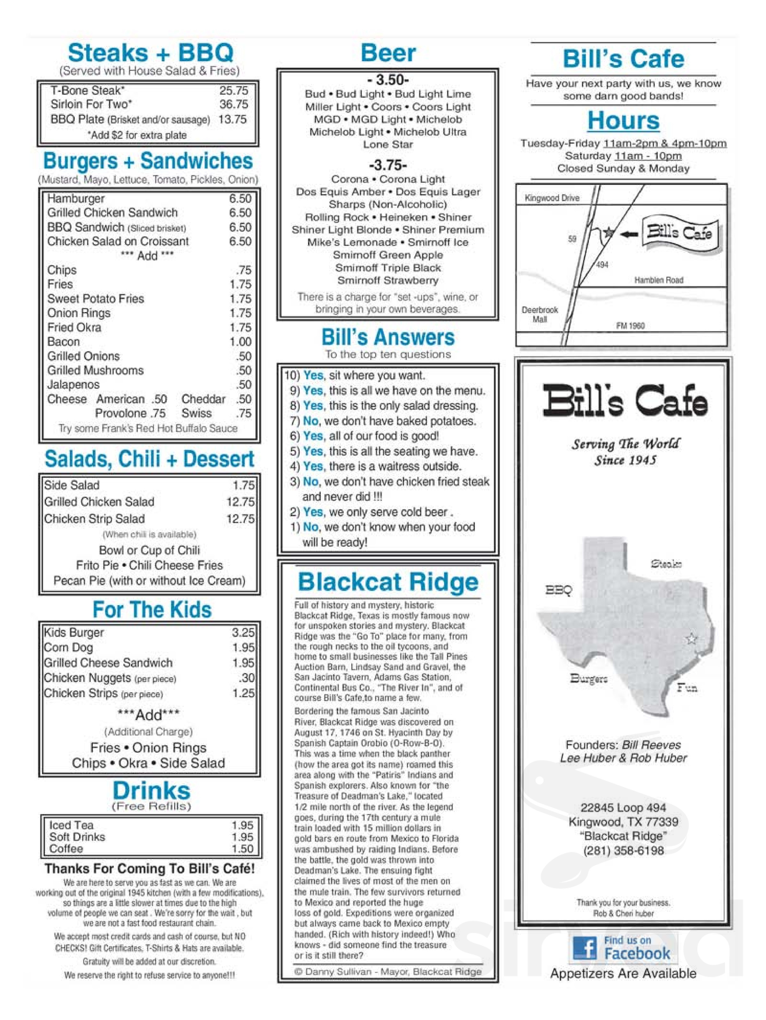 Menu for Bill's Cafe in Kingwood, TX | Sirved