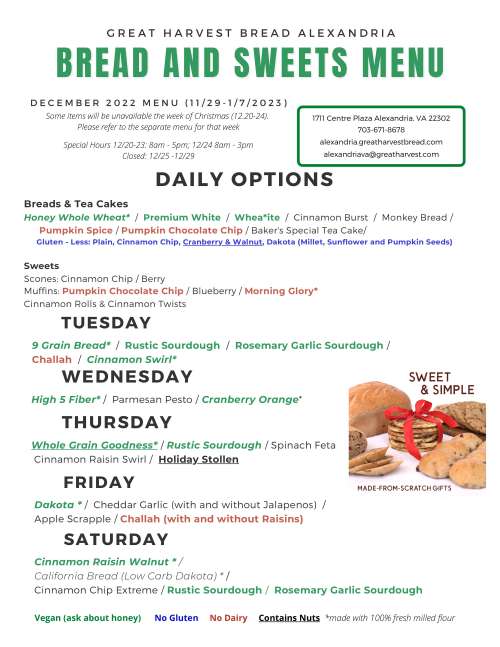 Great Harvest Bread Co. menu in Alexandria, Virginia, USA