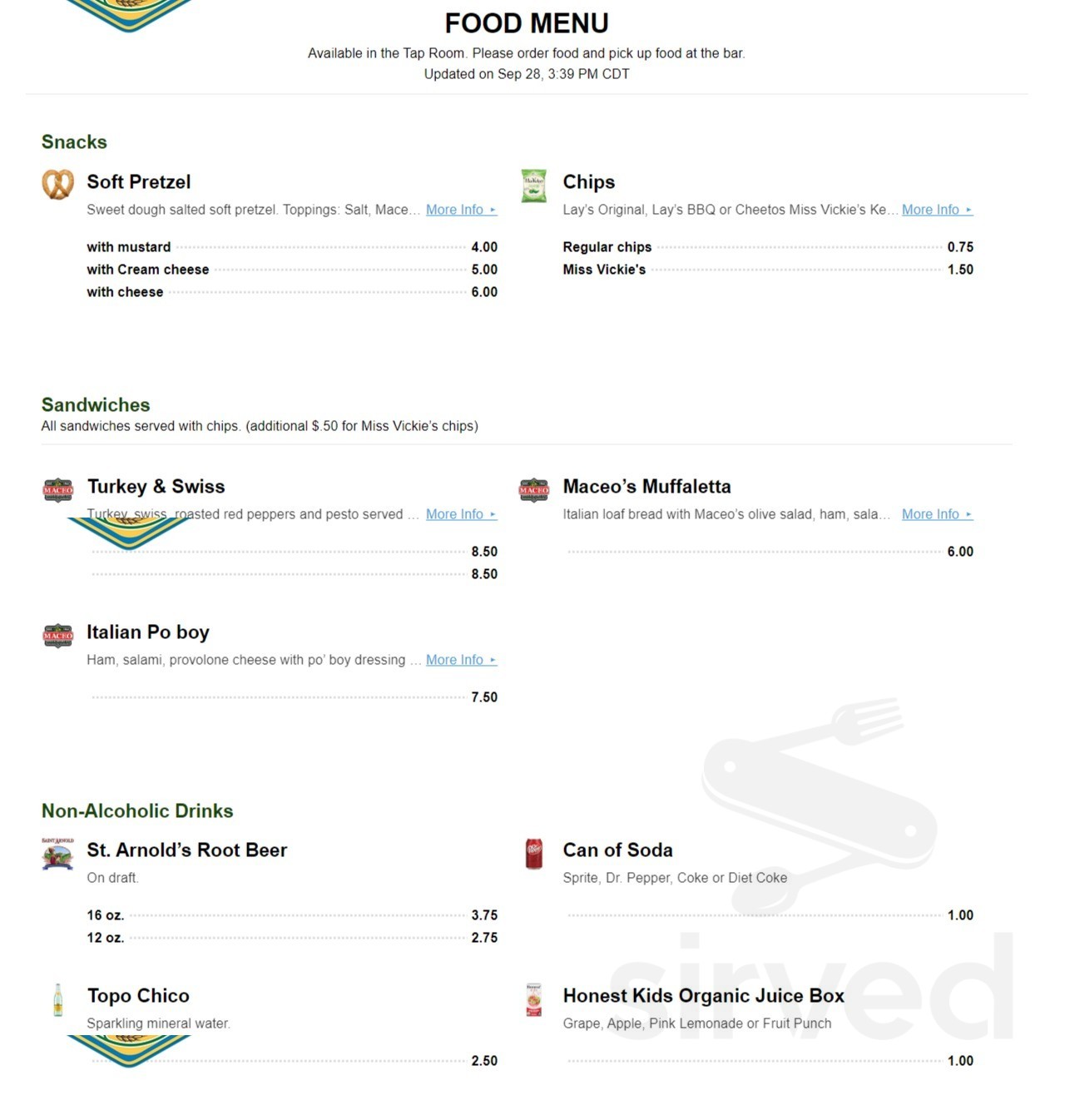 Galveston Island Brewing menu in Galveston, Texas, USA