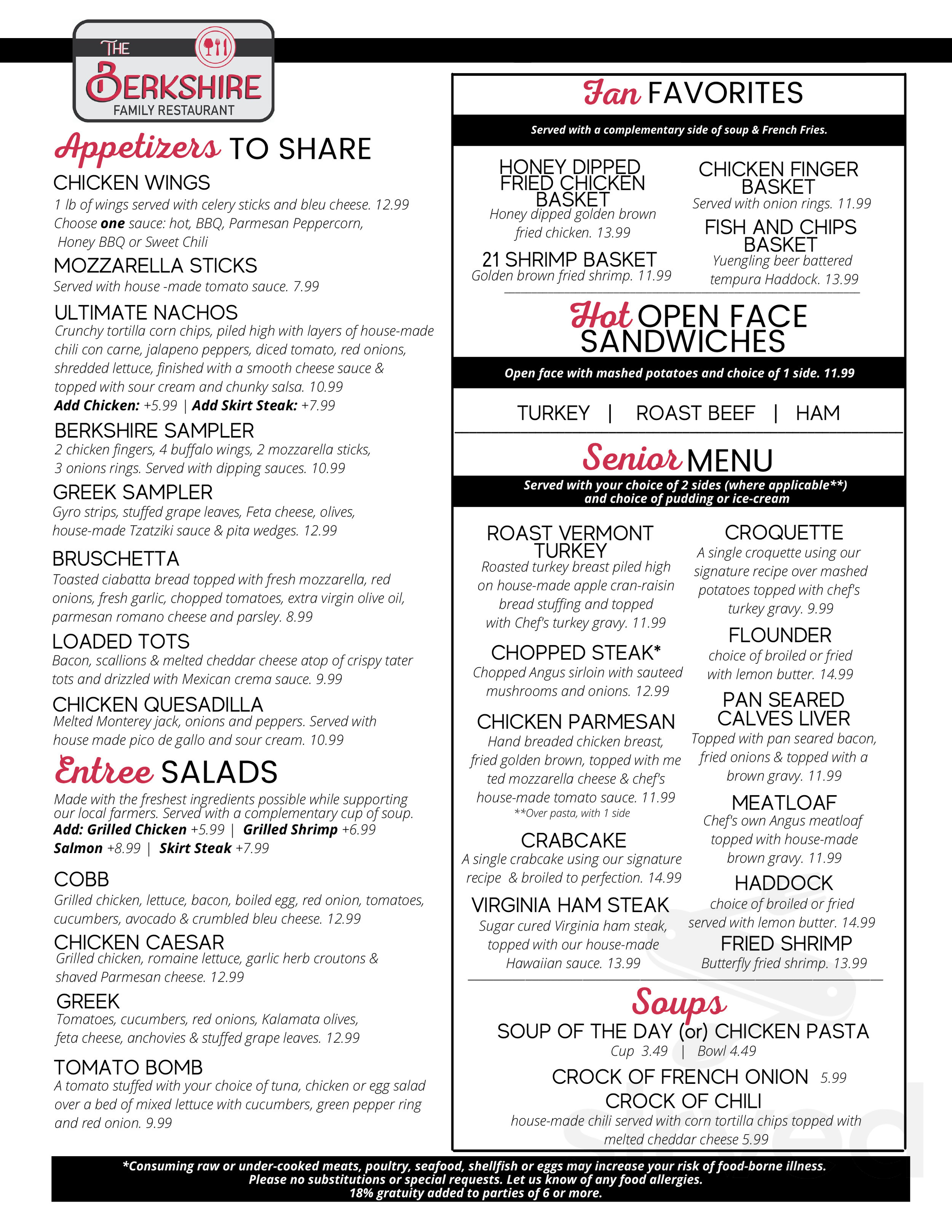 The Berkshire Family Restaurant menu in Wyomissing, Pennsylvania, USA