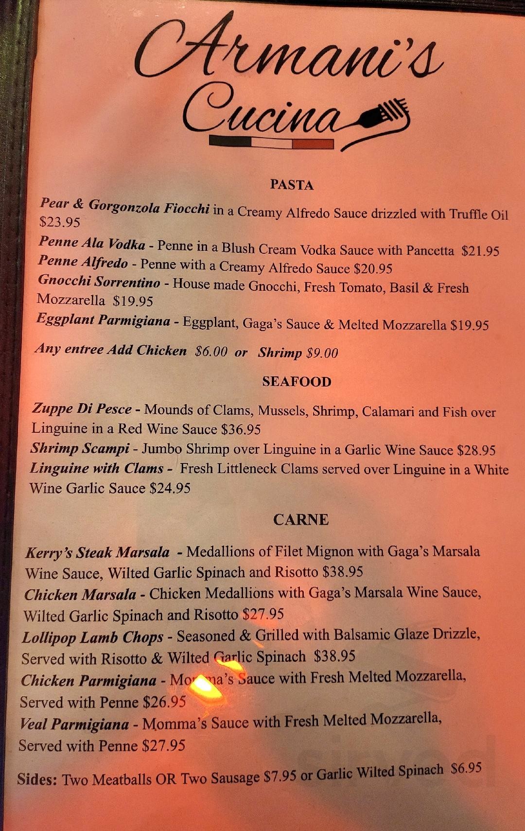 Armani s Cucina Menus In Vero Beach Florida United States