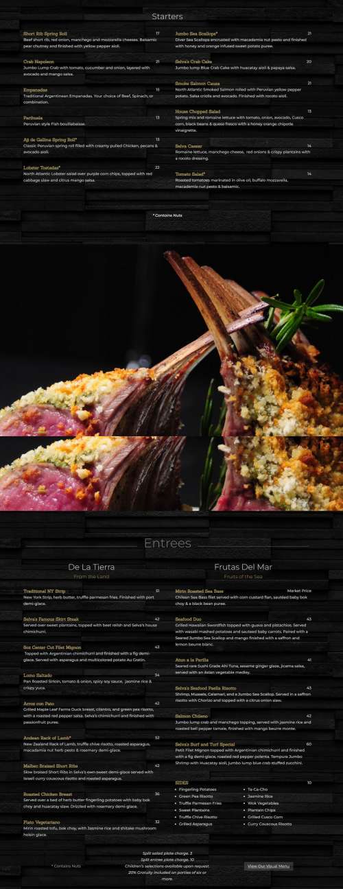 Selva Grill University Town Center menu in Sarasota, Florida, USA