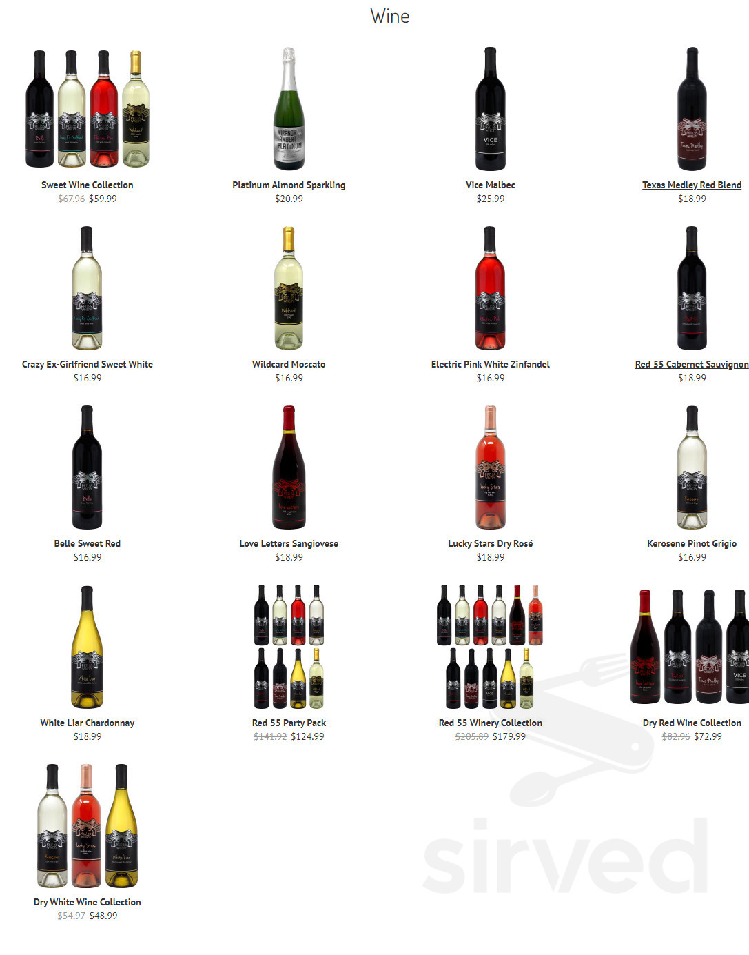 Red 55 Winery menu in Lindale, Texas, USA