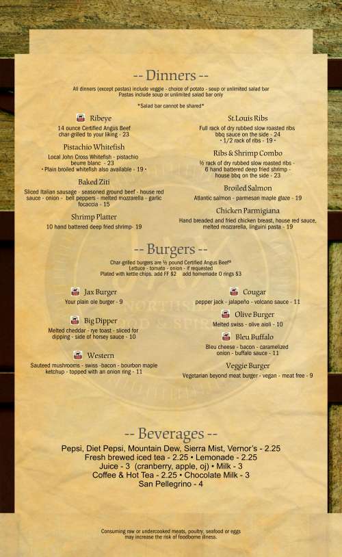 JAX Northside Food & Spirits menu in Charlevoix, Michigan, USA