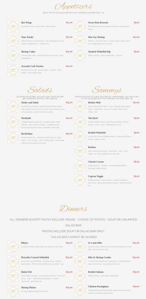 JAX Northside Food & Spirits menu in Charlevoix, Michigan, USA