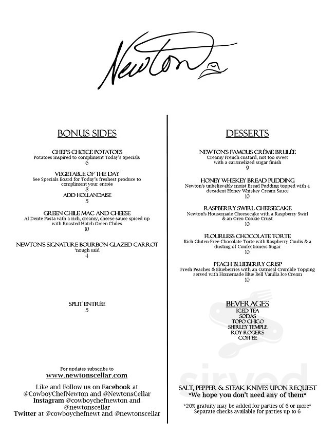 Newton's Saddlerack menu in Stephenville, Texas, USA