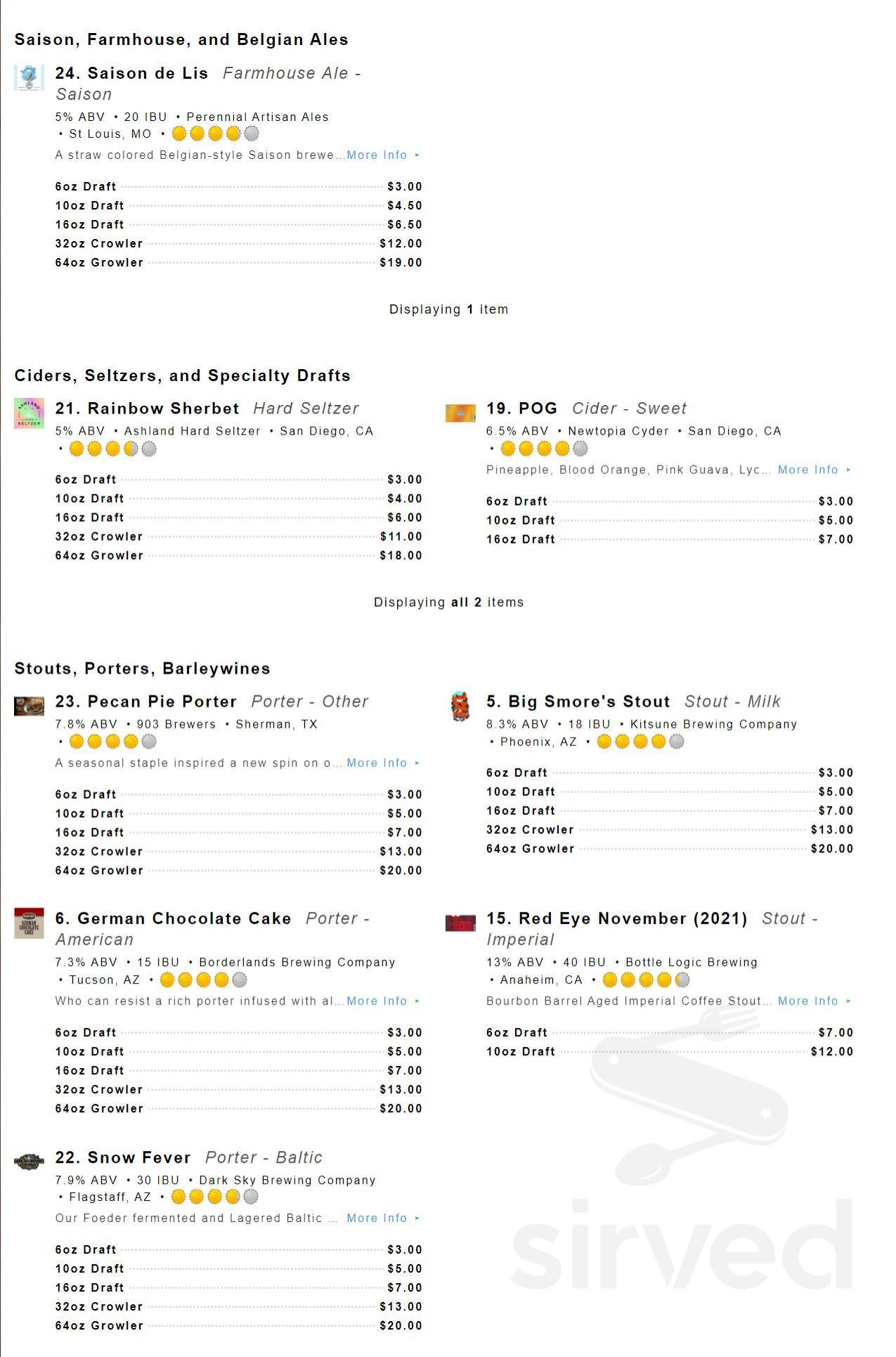 Caps & Corks menu in Tucson, Arizona, USA