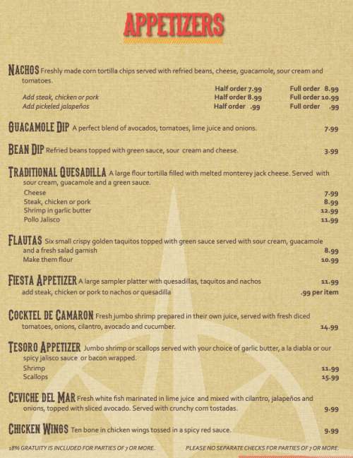 Tesoro fine Mexican restaurant menu in Modesto, California, USA