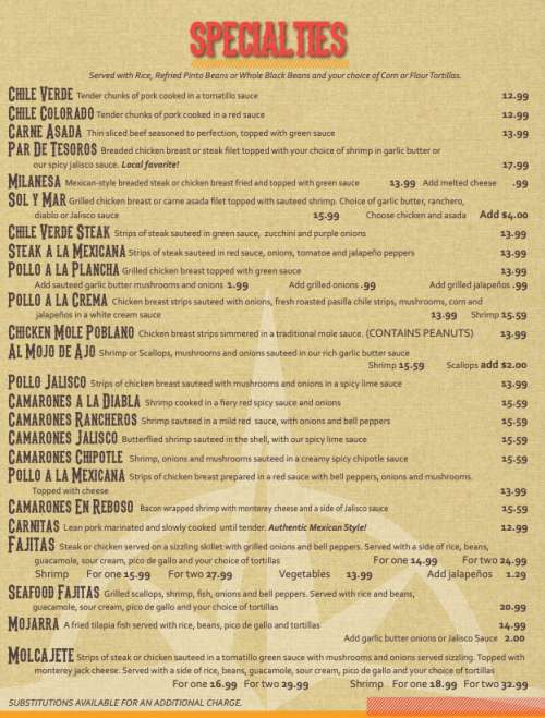 Tesoro fine Mexican restaurant menu in Modesto, California, USA